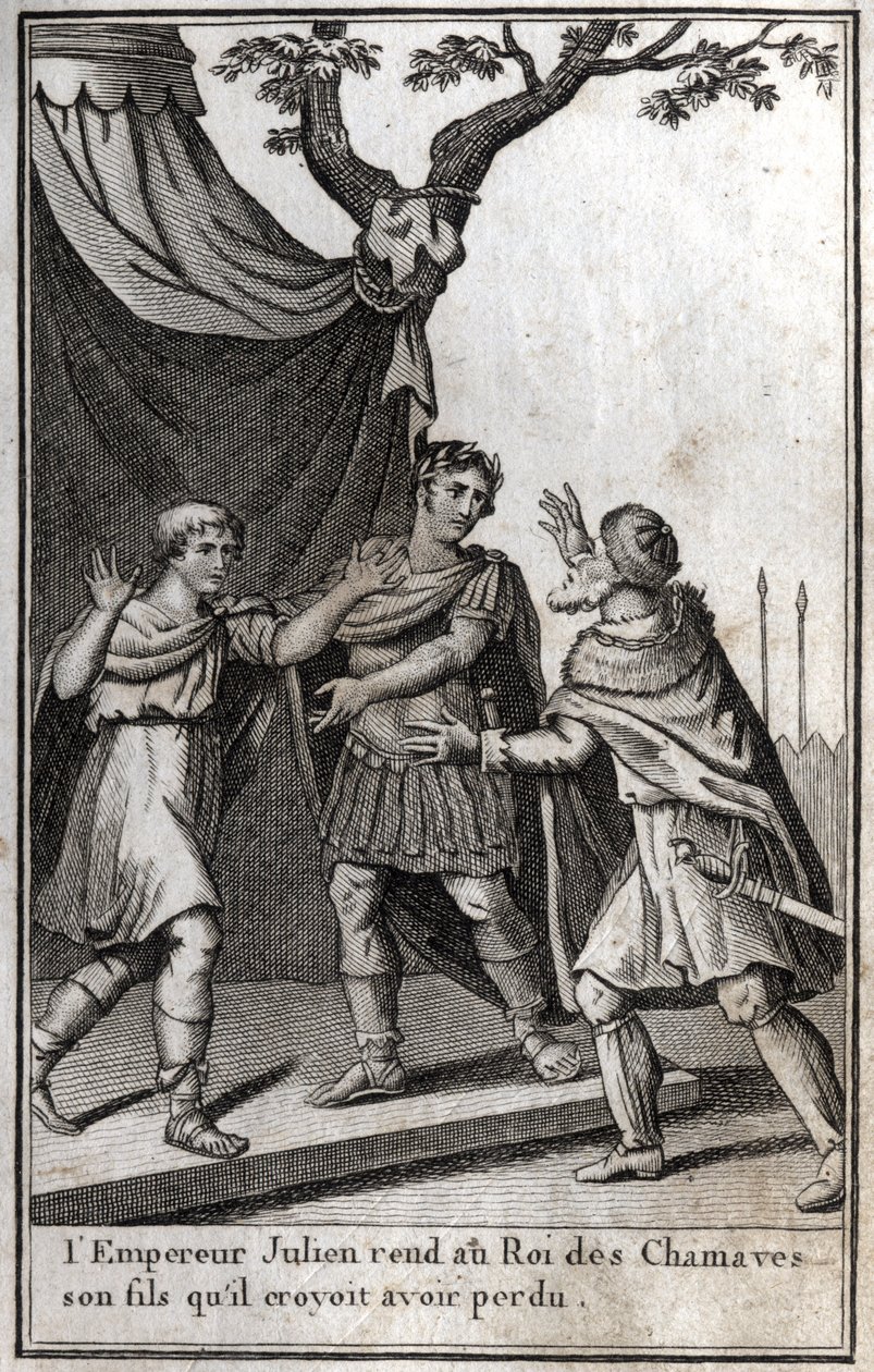 Der römische Kaiser Julian gibt dem König der germanischen Chamaven seinen Sohn zurück, den er für verloren gehalten hatte. 4. Jahrhundert. Gravur in „Beaute de l