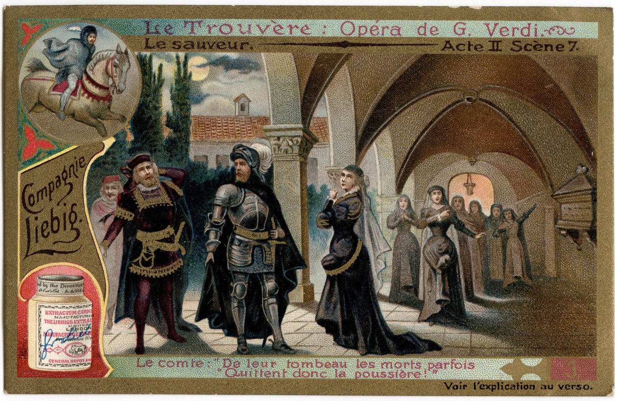 ジュゼッペ・ヴェルディ(1813-1901)のオペラ『ザ・ファインド』(Il trovatore)の挿絵。19世紀末のリービッヒのクロモリトグラフィー（Chromo）。 作： 無名の画家