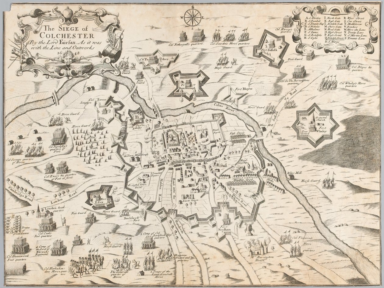 フェアファクス卿によるコルチェスター包囲戦、1648年にラインとアウトワークと一緒にあった時の様子（エングレーヴィング 作： 無名の画家