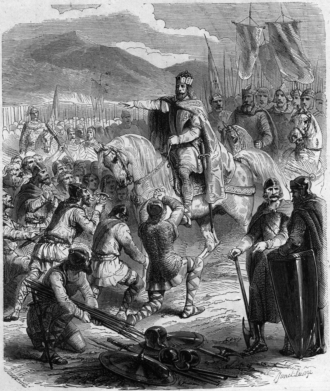 785年のサクソン人の服従 - 中世のガリアの歴史：戦争に勝利したカール大帝（742 - 814）の前に跪くゲルマニアのサクソン人 - 「Histoire De France En Hundred Paintings by Paul Lehugeur」（1891年）のエングレーヴィング 作： 無名の画家