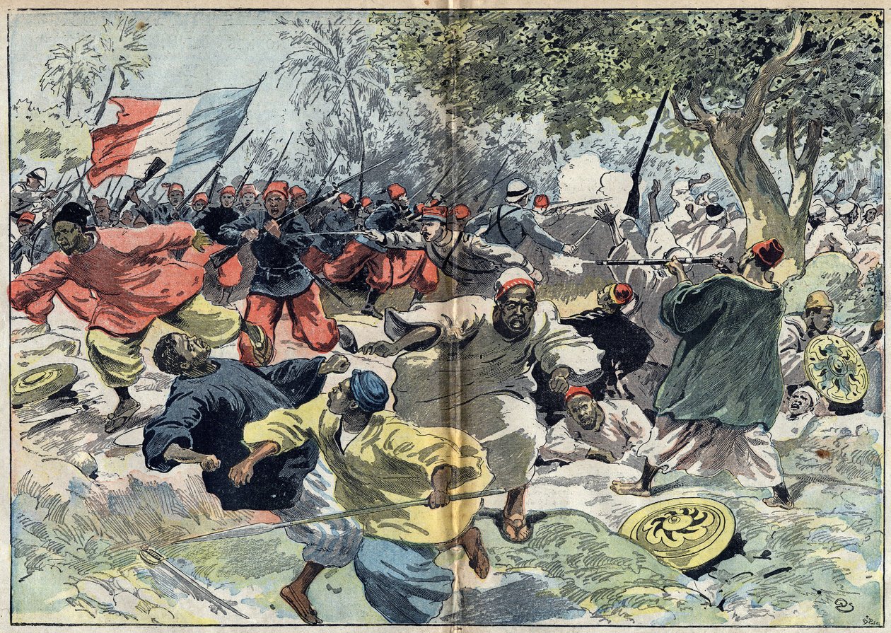 サモリー・トゥーレ（1835年頃～1900年頃）のスーダン軍は、ワルフェル中尉率いるフランスの植民地によって、カヴァルビー川のほとりに配置された。スーダン、1898年9月9日。10月9日付「ル・ペレラン」紙の挿絵 作： 無名の画家