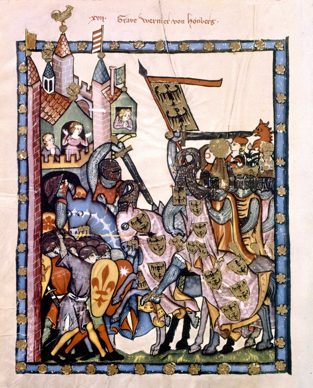 スイスの詩人・騎士グラーフ・ヴェルナー・フォン・ホンベルグ（1284-1320）は、皇帝ヘンリー7世に仕えて、シチリアのアンゲヴァイン軍が守る砦を包囲した。写本「Manesse」または「Manessesche Liederhandschrift」のミニチュア。 作： 無名の画家