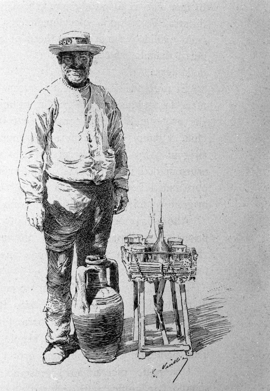 アカイオーロ：シチリアの水運び人で、家々を回って住民に水を配っていた。19世紀に描かれた版画 作： 無名の画家