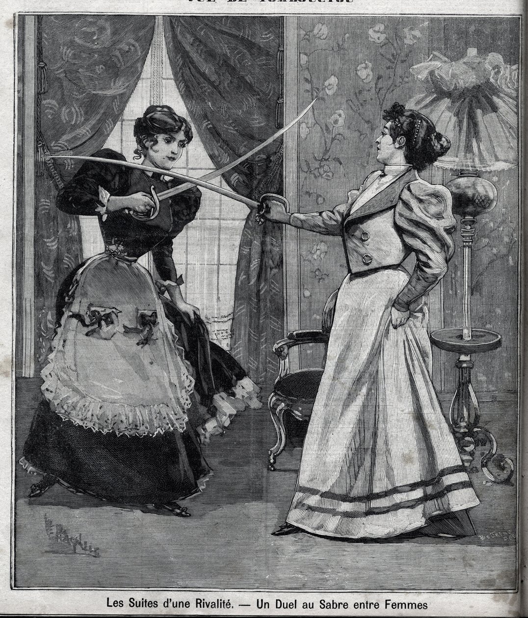 ライバルの余波：女性同士の剣の決闘。"Le Parisien "に掲載された版画 作： 無名の画家