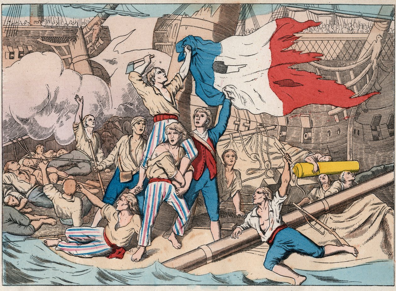 1794年6月1日、第二次世界大戦中の14プレーリアル海戦でイギリスの3隻の船に襲われた船「アヴェンジャー」の苦悩（6月2日 作： 無名の画家