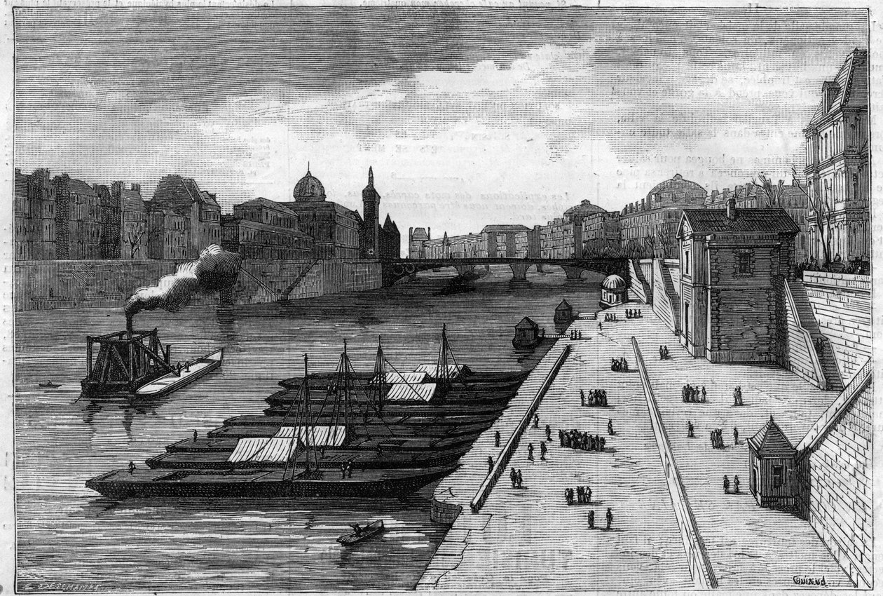 1883年、パリ市庁舎前の岸壁に設置されたリンゴの散歩道 作： 無名の画家