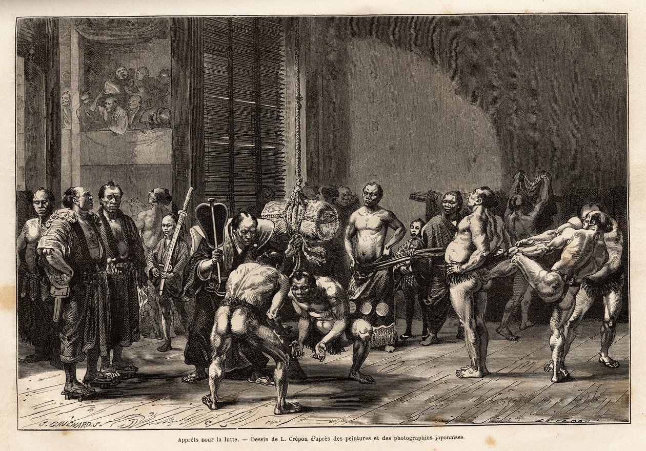 相撲のアプレットは、選手たちが試合前にウォームアップ、ストレッチ、スタイリング、集中力を高めている。1863年から1864年にかけて、スイス連邦公使のアイム・アンベールが日本への旅を説明するために描いたもので、「le tour du monde」に掲載されています。 作： 無名の画家