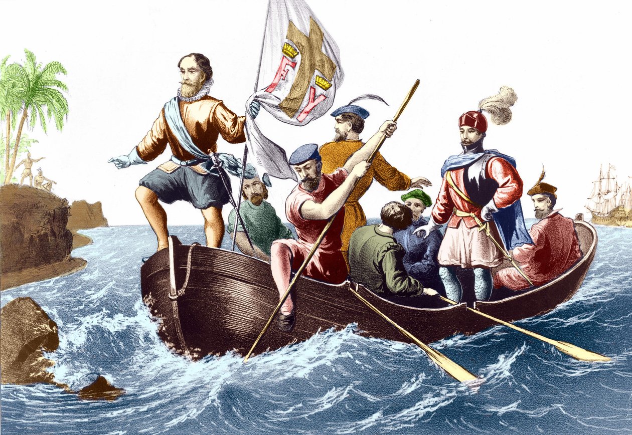 1492年12月10日にクリストファー・コロンブスがサンサルバドルに到着した時の様子。1876年のエングレーヴィング。 作： 無名の画家