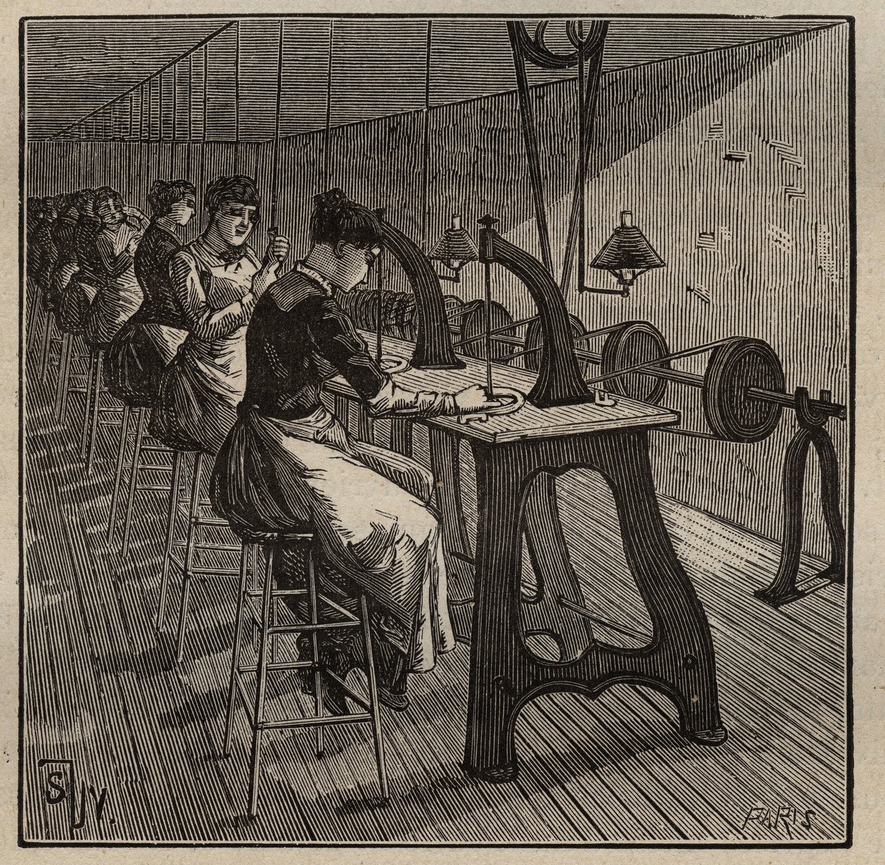 宝石細工の技術：ダイヤモンドのファセットと研磨。Adolphe BITARDの "Les arts et metiers illustres "に掲載された1885年のエングレーヴィング。 作： 無名の画家