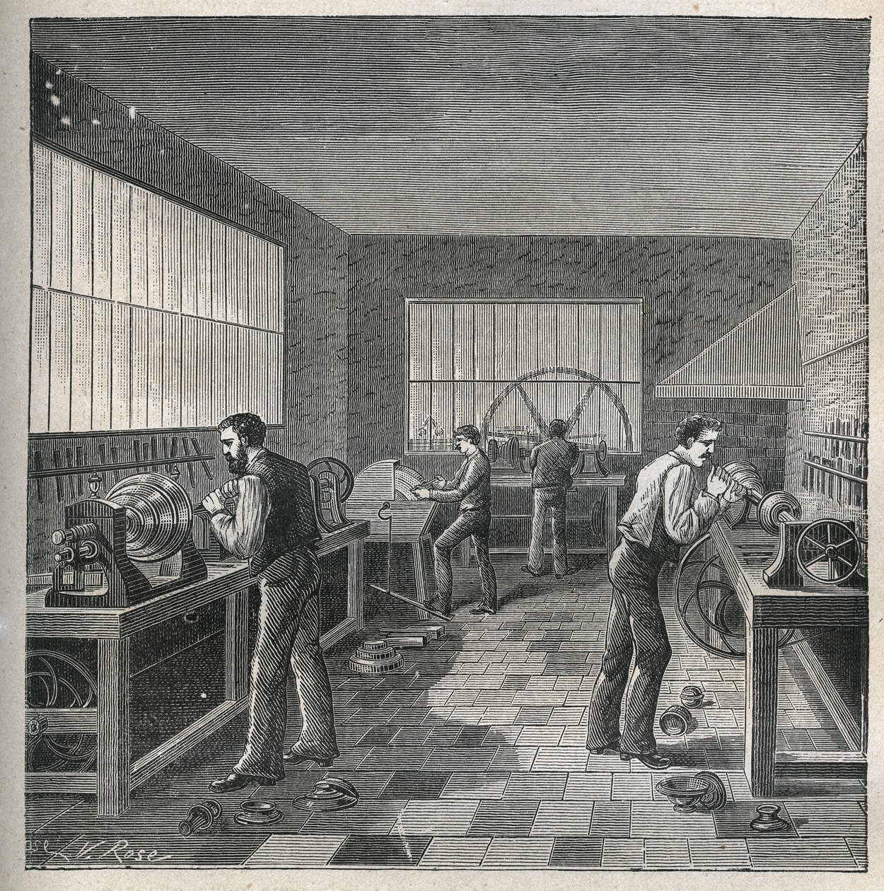 旋盤の技術：旋盤工の作業場での金属加工。Adolphe BITARDの "Les arts et metiers illustres "に掲載された1885年の図版。 作： 無名の画家