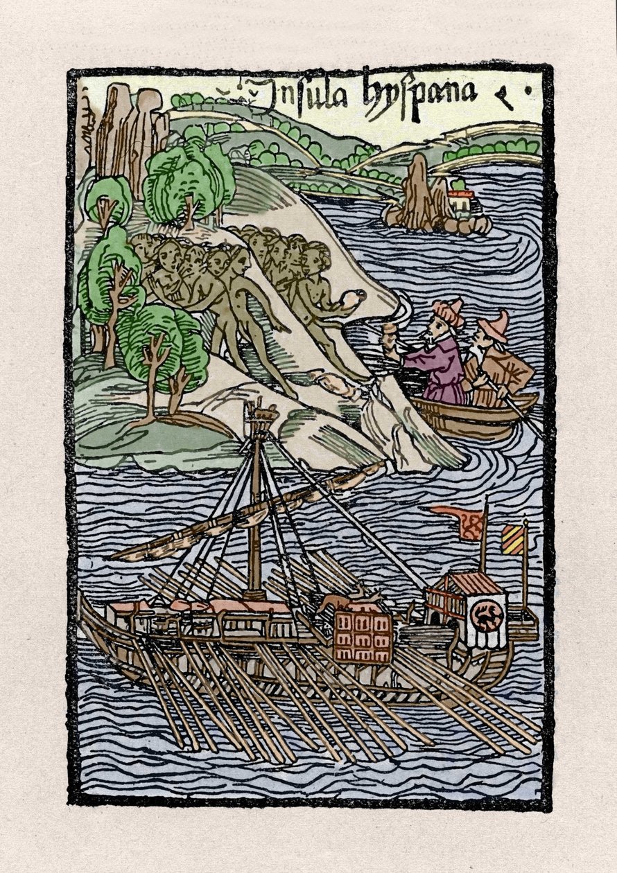 クリストファー・コロンブス(1451-1506)によるヒスパニオラ島でのバルカージュ。De insulis in mare Indico super inventis", Bale 1493-1494 (コロンブスのスペイン王への報告書のラテン語訳)からの挿絵。 作： 無名の画家