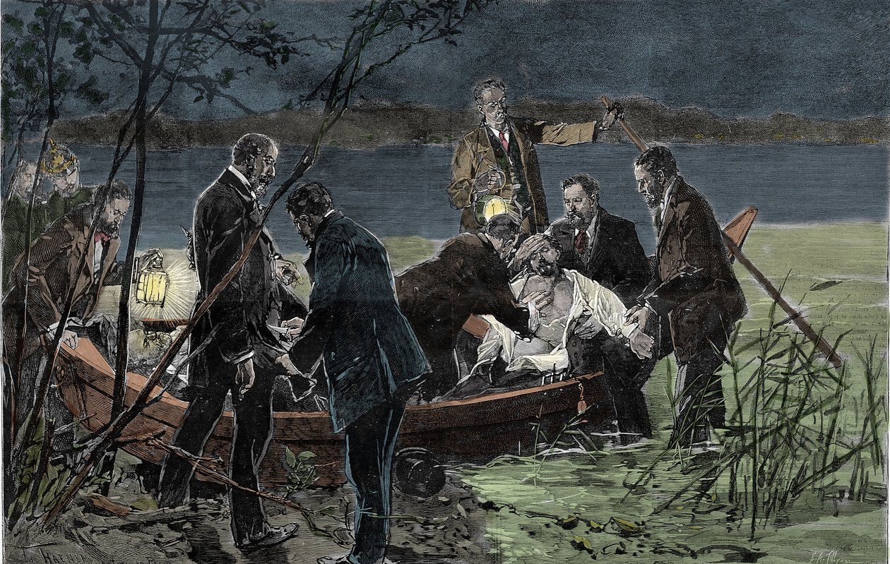 1886年6月、ベルク城近くのシュタルンベルク湖で溺死したバビエール・ヴィッテルスバッハ家のルイ（ルートヴィヒ）2世（1845-1886）の遺体をグドン医師が発見したときの写真（Engraving 作： 無名の画家