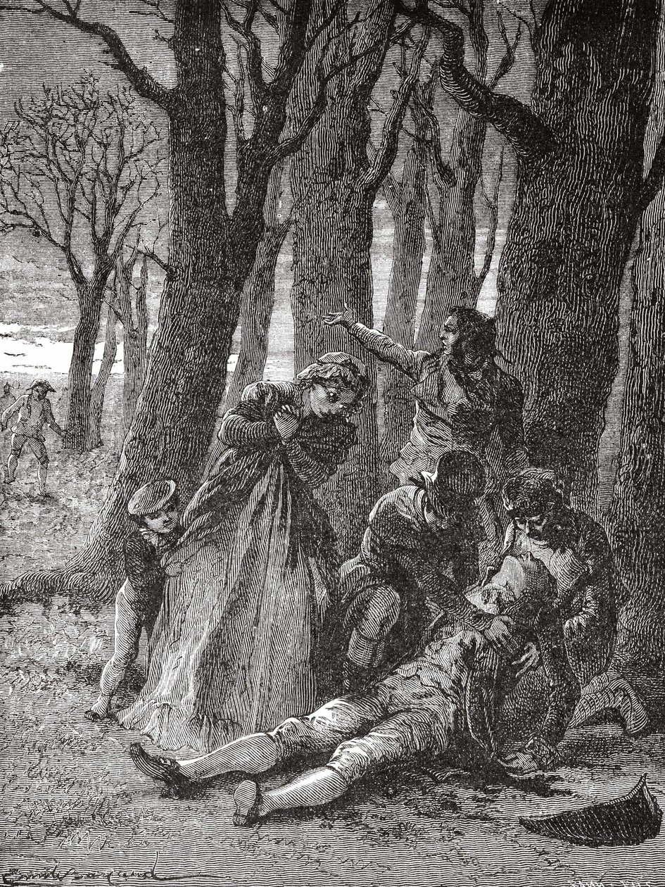 1804年12月3日の朝、シャンゼリゼ通りで13本の針で刺されたフィリップ・ルボン（1769 - 1804）の遺体が引き上げられる - 1896年の「科学のアルバム、輝かしい科学者、大発見」に掲載 作： 無名の画家