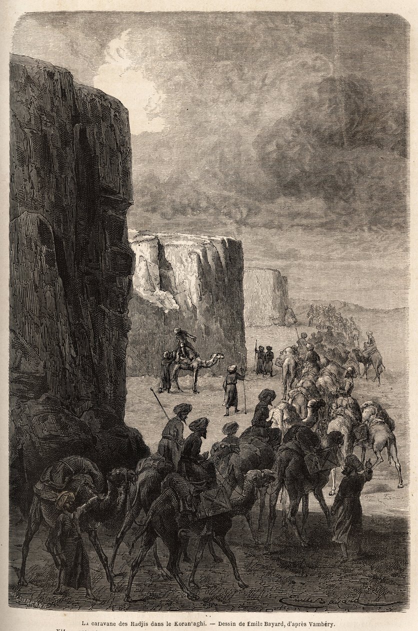 Die Karawane der Hadschis (muslimische Pilger) in Korantaghi (Persien, Iran). Zeichnung von Emile Bayard, zur Illustration der Reise nach Zentralasien im Jahr 1863 von Arminius Vambery (ungarischer Wissenschaftler verkleidet als Derwisch). Gravur in „Le to von Unknown artist