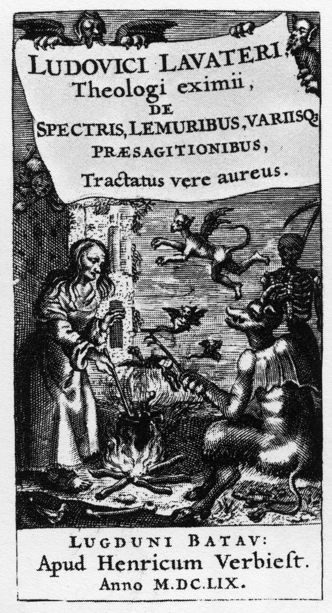 魔女の大鍋 - ルートヴィヒ・ラヴァーテル（1527-1586）著『De spectris lemuribus et magnis』の表紙 - 1659年 作： 無名の画家