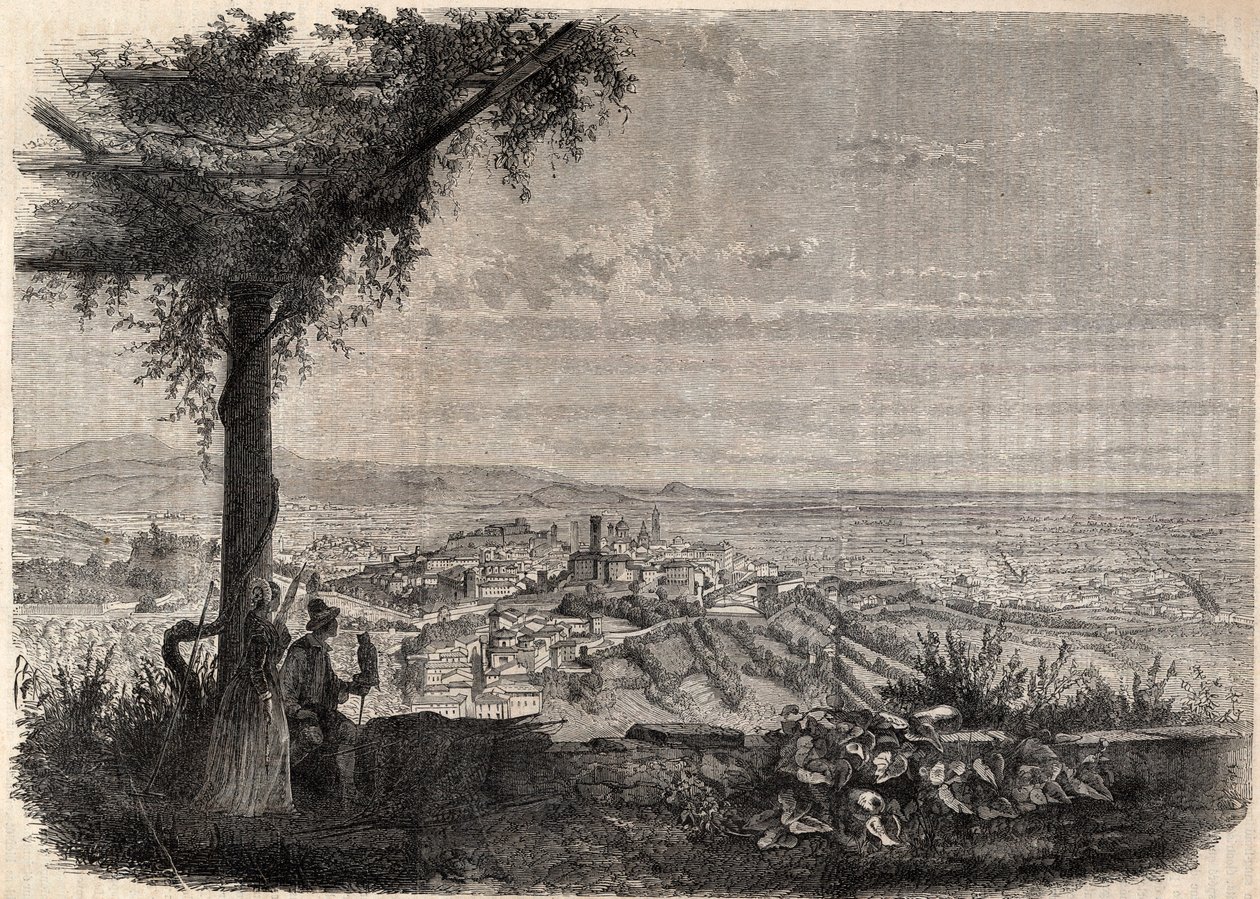 1858年頃のベルガモ(Bergamo)の街 - エングレービング - 。 作： 無名の画家