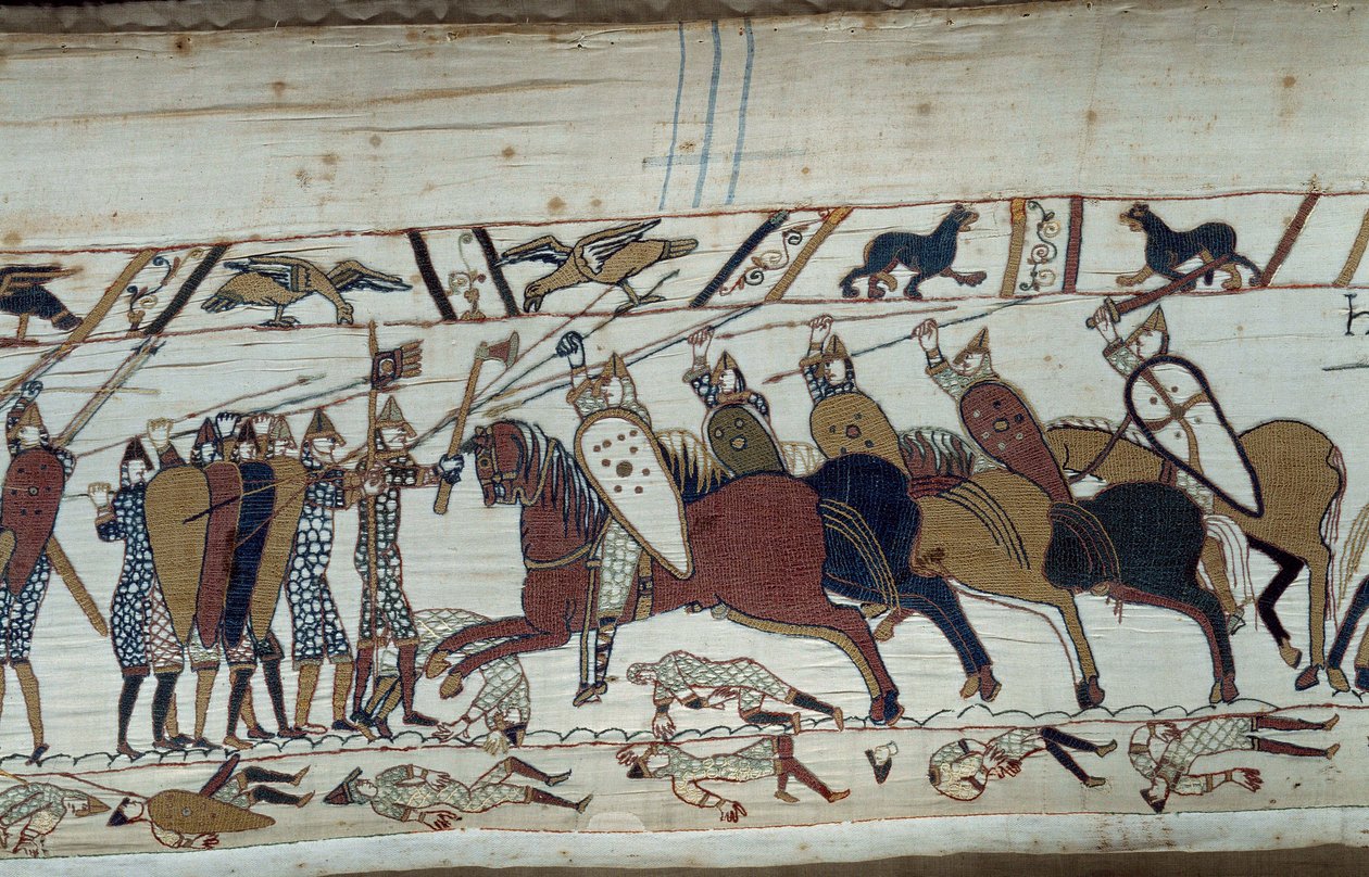 ノルマンディー公爵によるイングランド征服 1066年の征服王ウィリアム（1027-1087）：ノルマン人の歩兵とサクソン人の騎兵が対立するヘイスティングスの戦いの場面 バイユーのタペストリーの詳細またはマチルド王妃の刺しゅう 作： 無名の画家