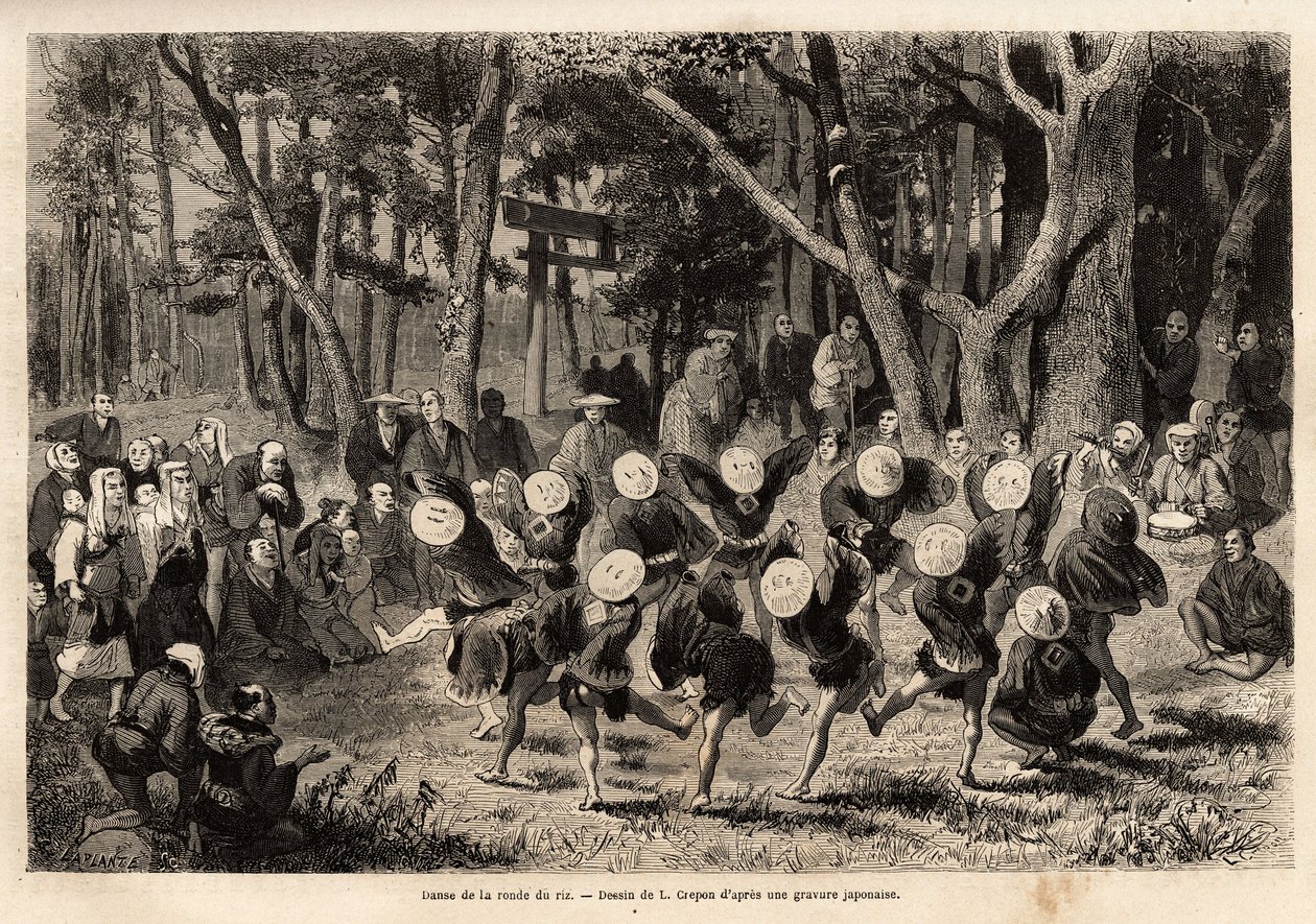 1年の10ヶ月目に行われる稲の丸い踊りは、穀類に関するものです。1863年から1864年にかけてスイス連邦公使アイム・アンベールが行った日本への旅を説明するためのエングレーヴィングで、「le tour du monde」に掲載されている。 作： 無名の画家