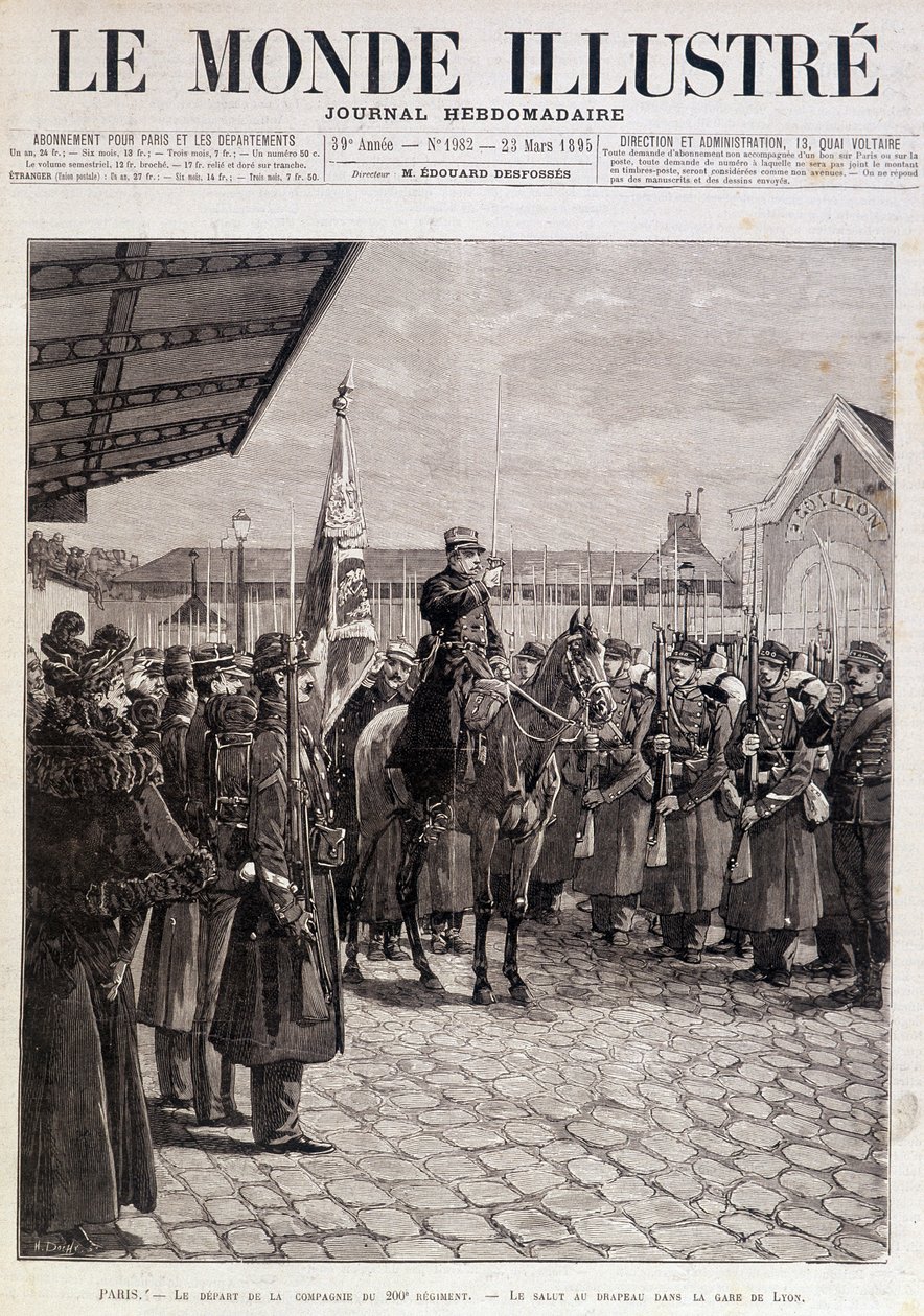 第200連隊の中隊の出発。リヨン駅での旗への挨拶。"The Illustrated World".23/03/1895.デッサン。 作： 無名の画家