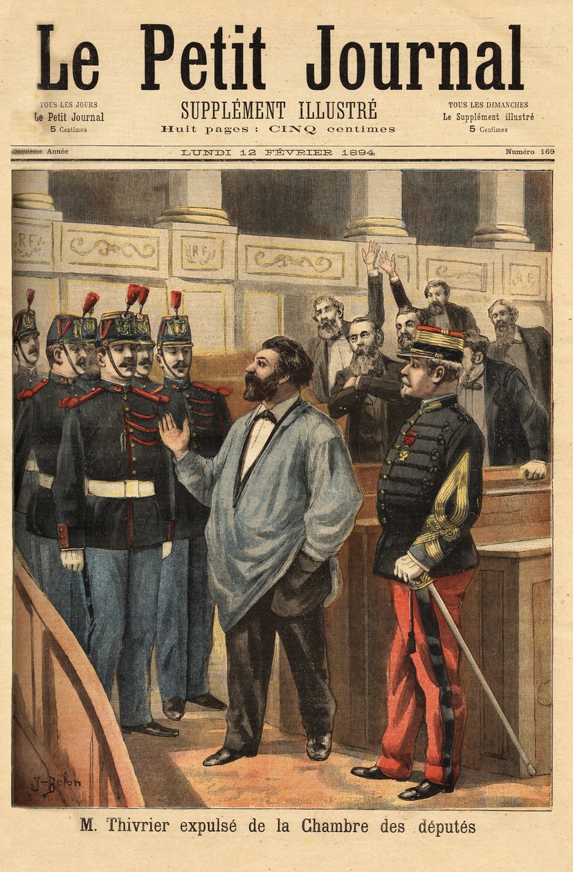 Der Abgeordnete von Allier, Christophe Thivrier (1841-1895), genannt „der Abgeordnete in einer Bluse“, weil er immer eine trug, aus Loyalität zu den Bourbonnais-Bergleuten, aus denen er stammte, wurde von den Soldaten aus der Abgeordnetenkammer vertrieben, von Unknown artist