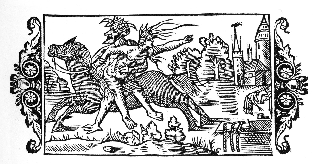 魔女を運ぶ悪魔-オラウス・マグヌスの「Historia de Gentibus Septentrionalibus」（ローマ、1555年）より 作： 無名の画家
