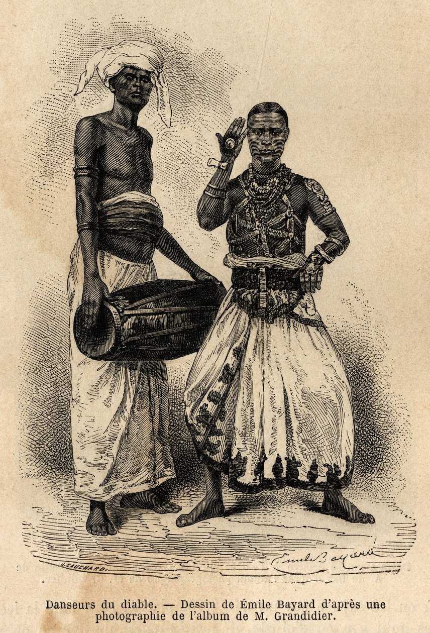 紀元3世紀頃から行われていた悪魔の踊り子は、病気の人に警告を与えたり、ネファストの影響を追い出したりするために、呪文や歌、踊りといった迷信的な信仰に頼っていました。メリディオナルでの航海を説明するためのエングレーヴィング 作： 無名の画家