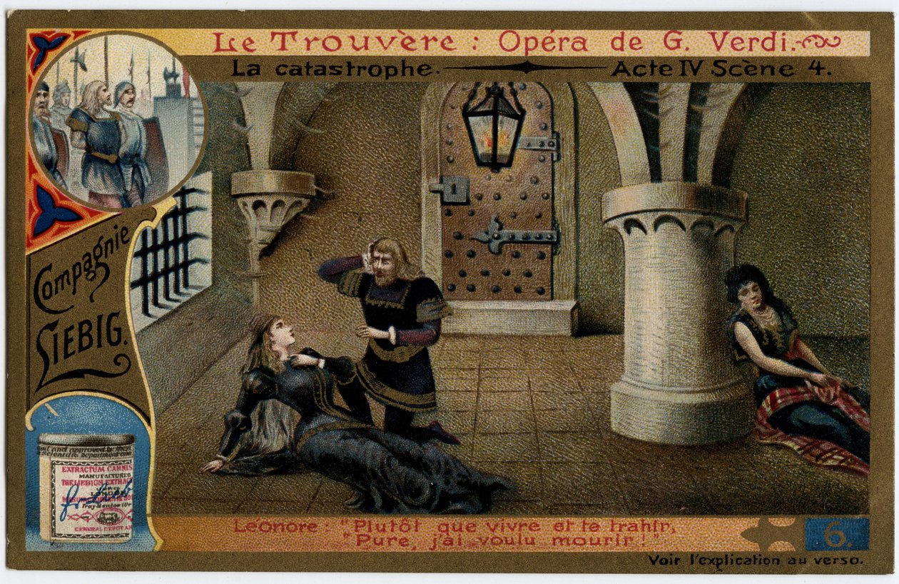 災厄 第4幕 第4場ジュゼッペ・ヴェルディ(1813-1901)のオペラ『見出だせ』(Il trovatore)の挿絵。19世紀末のリービッヒのクロモリトグラフィー（Chromo）。 作： 無名の画家