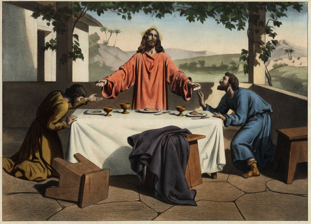 エマウス（Emmaus）の弟子たちは、復活祭の夜に復活したキリストと出会い、パンを分け合う。19世紀中頃の匿名の彫刻。 作： 無名の画家