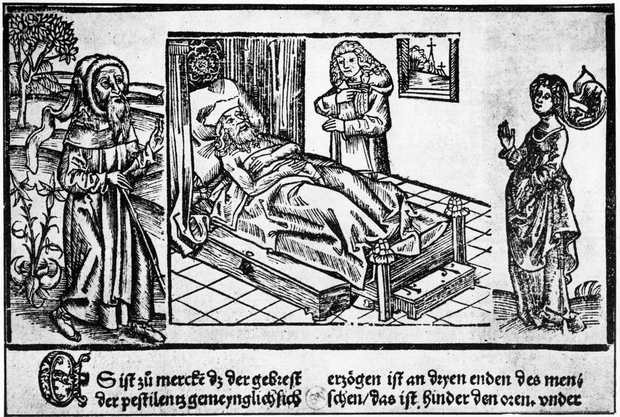 ペスティフェレのベッドにいる医者、Jérôme Brunschwigによる「Liber pestilentialis」の木版画、ストラスブール 作： 無名の画家