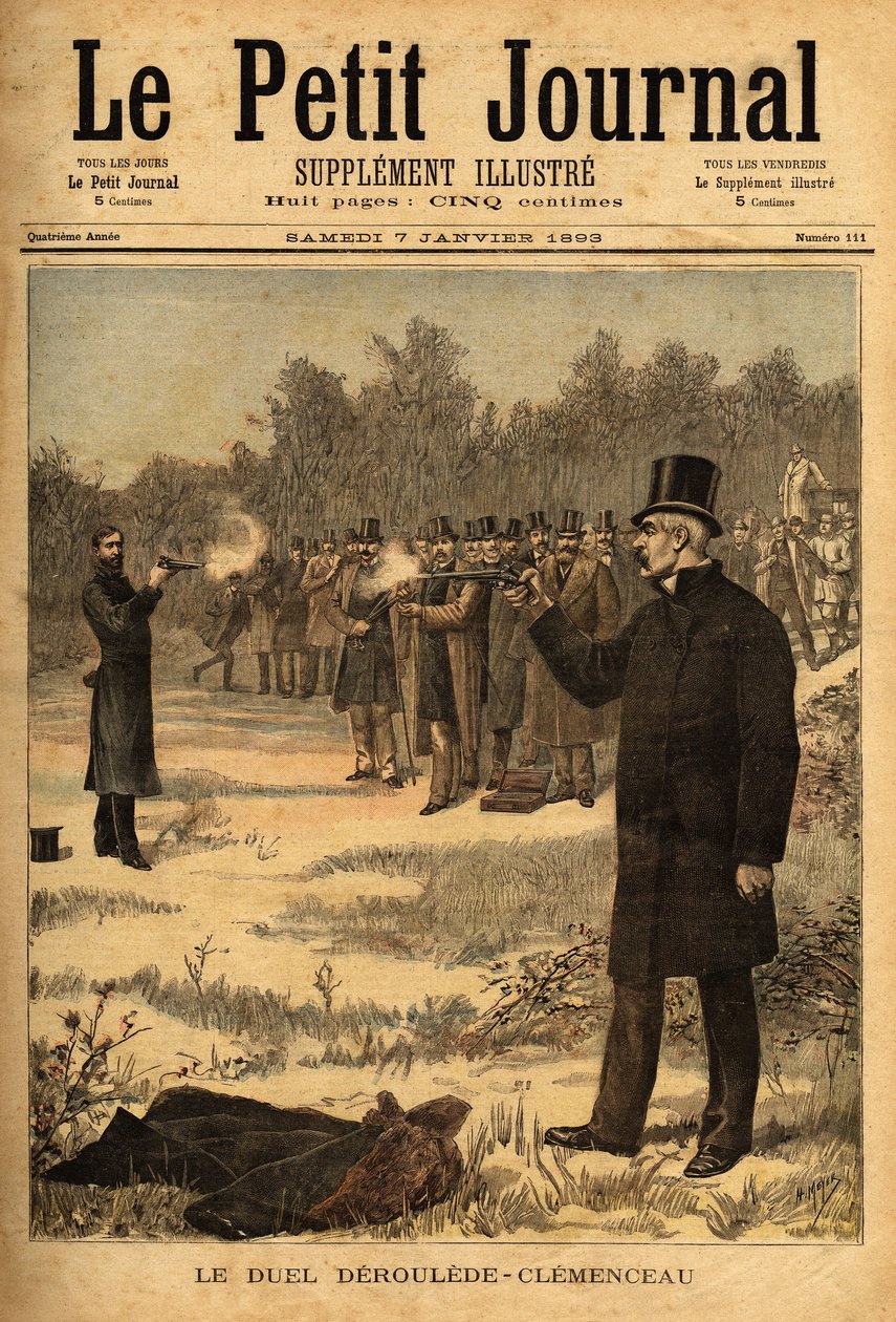 副官ポール・デルーレ（1846-1914）とジョルジュ・クレマンソー（1841-1929）のピストルによる決闘（フランスでは1626年から禁止されている）、無傷。Le petit journal "1893年7月1日付のエングレーヴィング。セルバのコレクション。 作： 無名の画家