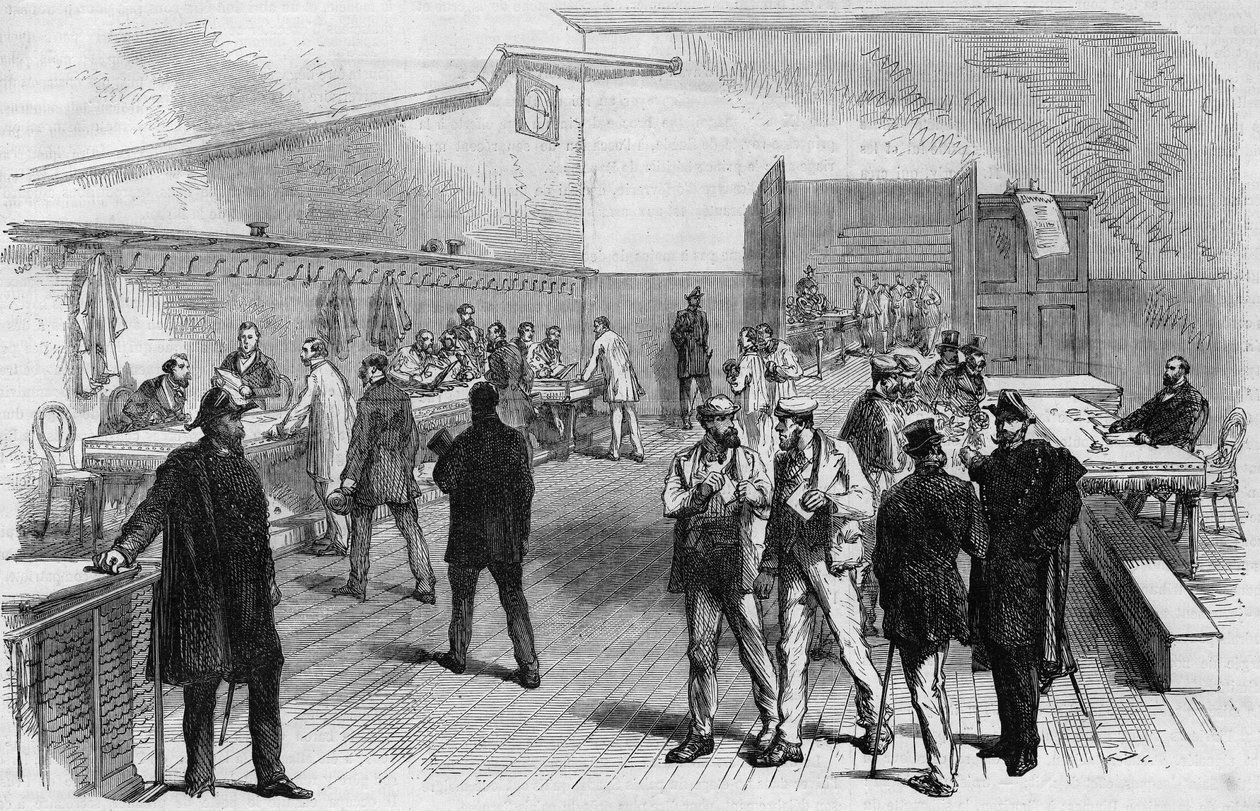 1869年のパリの選挙：モンマルトルの町役場に選挙用の地図を配布。1869年のエングレーヴィング。 作： 無名の画家