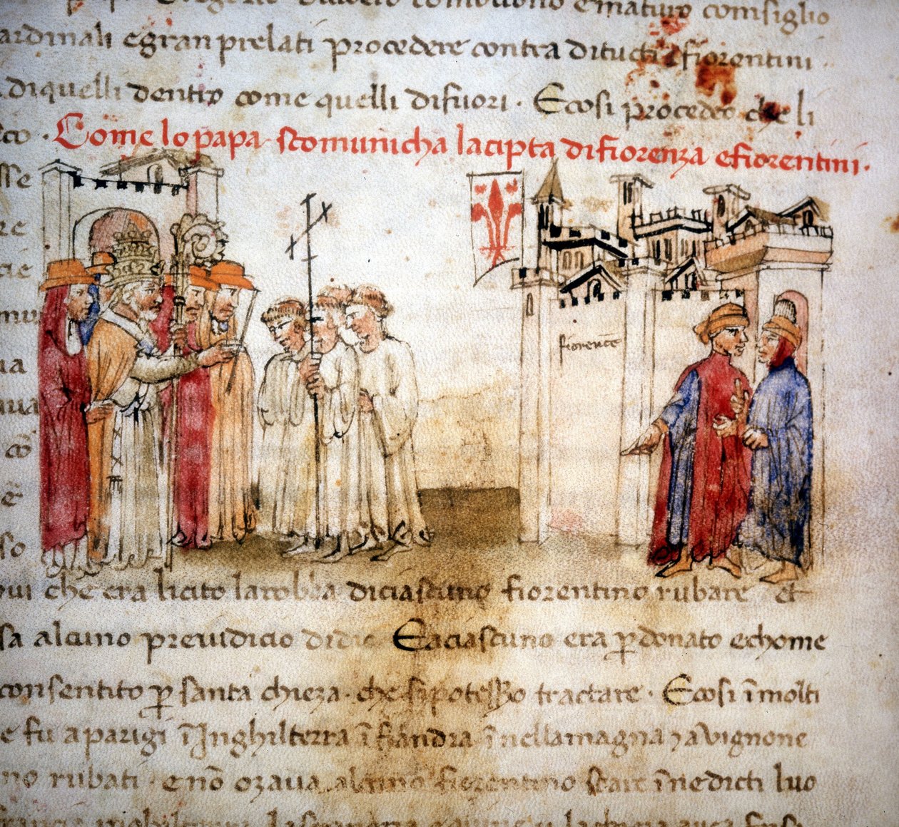 1375年に破門されたフィレンツェとフィレンツェ人たち-1400年頃の「Croniche del Sercambi」にて。 作： 無名の画家