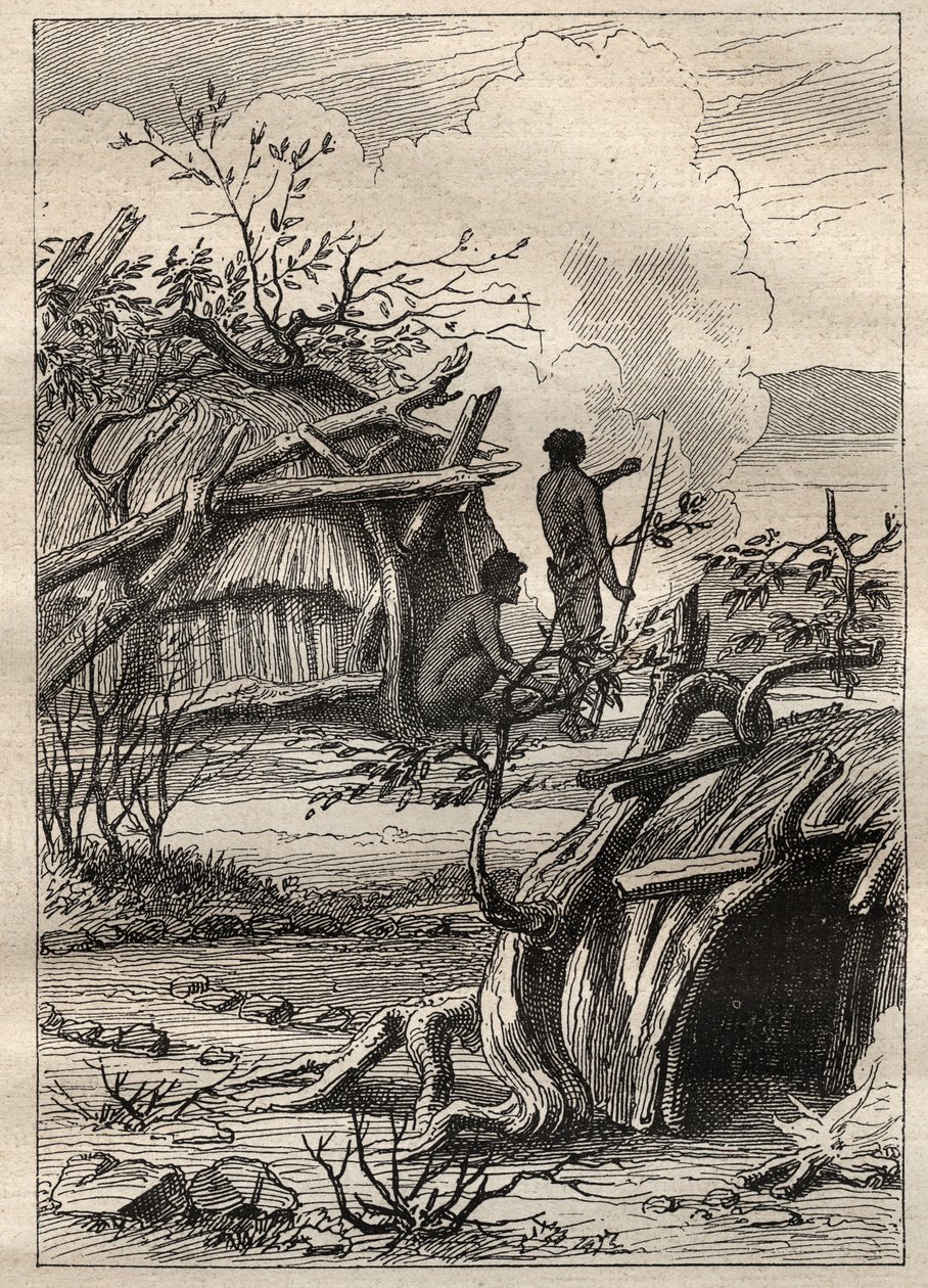 エティエンヌ・マルシャン船長（1755-1793）の世界一周遠征（1790-1792）：エンドダハトの地（オーストラリア）の先住民族のキャビン - 図版は "18世紀の偉大なマリナーズ "から引用。 作： 無名の画家