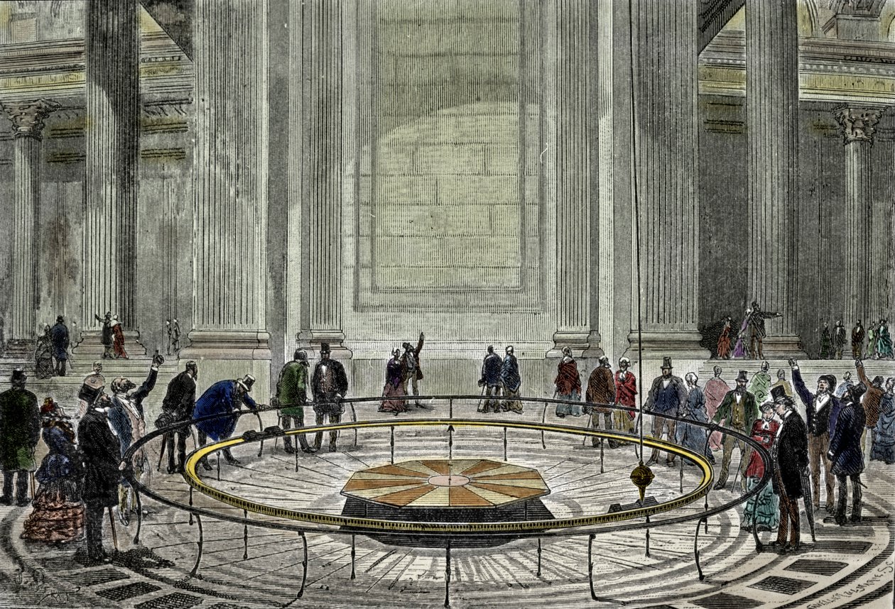1851年にレオン・フーコーがパリのパンテオンで地球の自転を実証した有名な「振り子の体験」。 作： 無名の画家