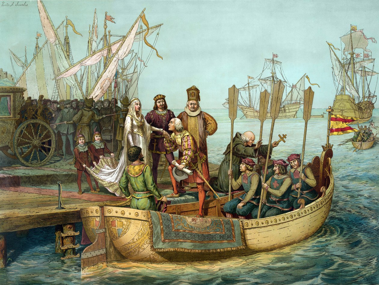 最初の旅。1492年、出発前にパロス港でカスティーリャの女王イザベラに