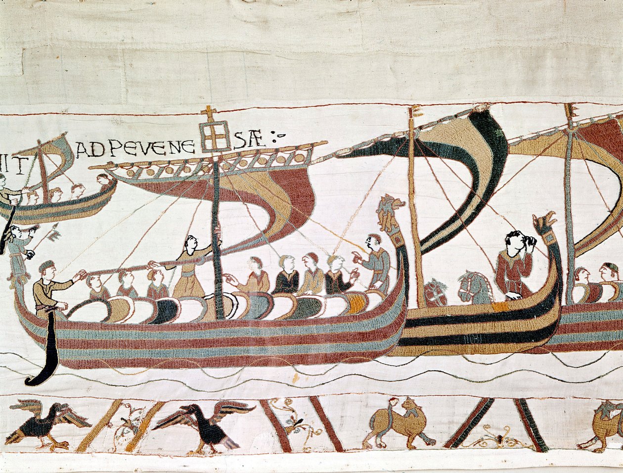 イギリスに向かう途中のウィリアム1世征服王の艦隊-マティルド女王の刺繡として知られるバイユーのタペストリー 作： 無名の画家
