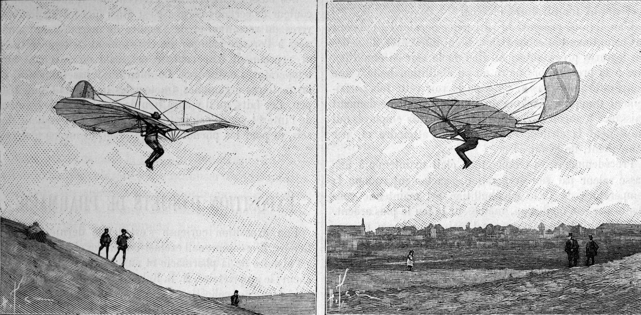 ドイツの航空技術のパイオニア、オットー・リリエンタール（1848-1896）の飛行機体の2つの異なる姿勢（インスタント写真より）。1894年2月3日の「La Nature: revue des sciences et de leurs applications aux arts et a l