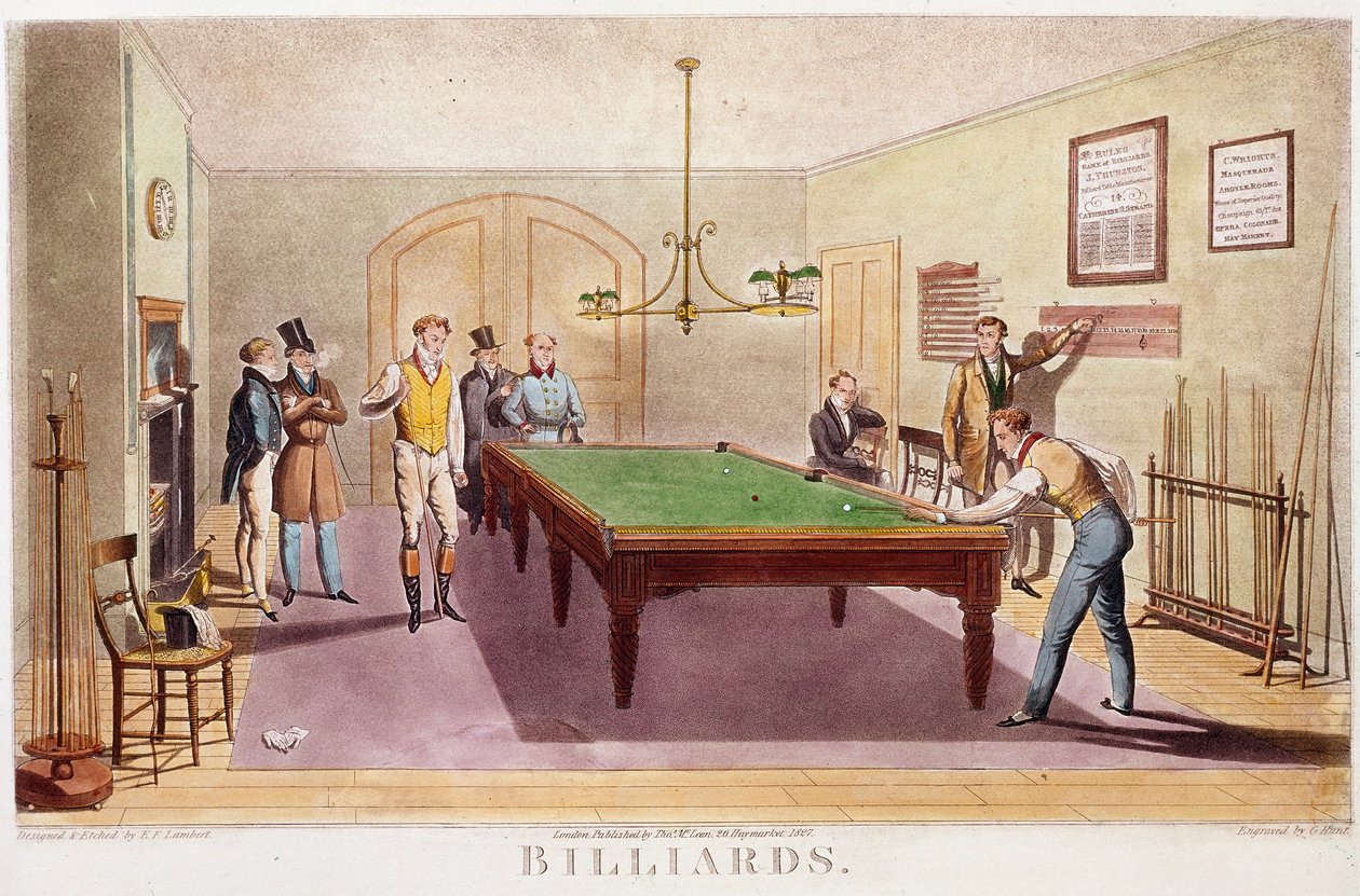 The game of billiards ビリヤードをする英国上流社会の紳士たち。1827年のエングレーヴィング。個人蔵 作： 無名の画家