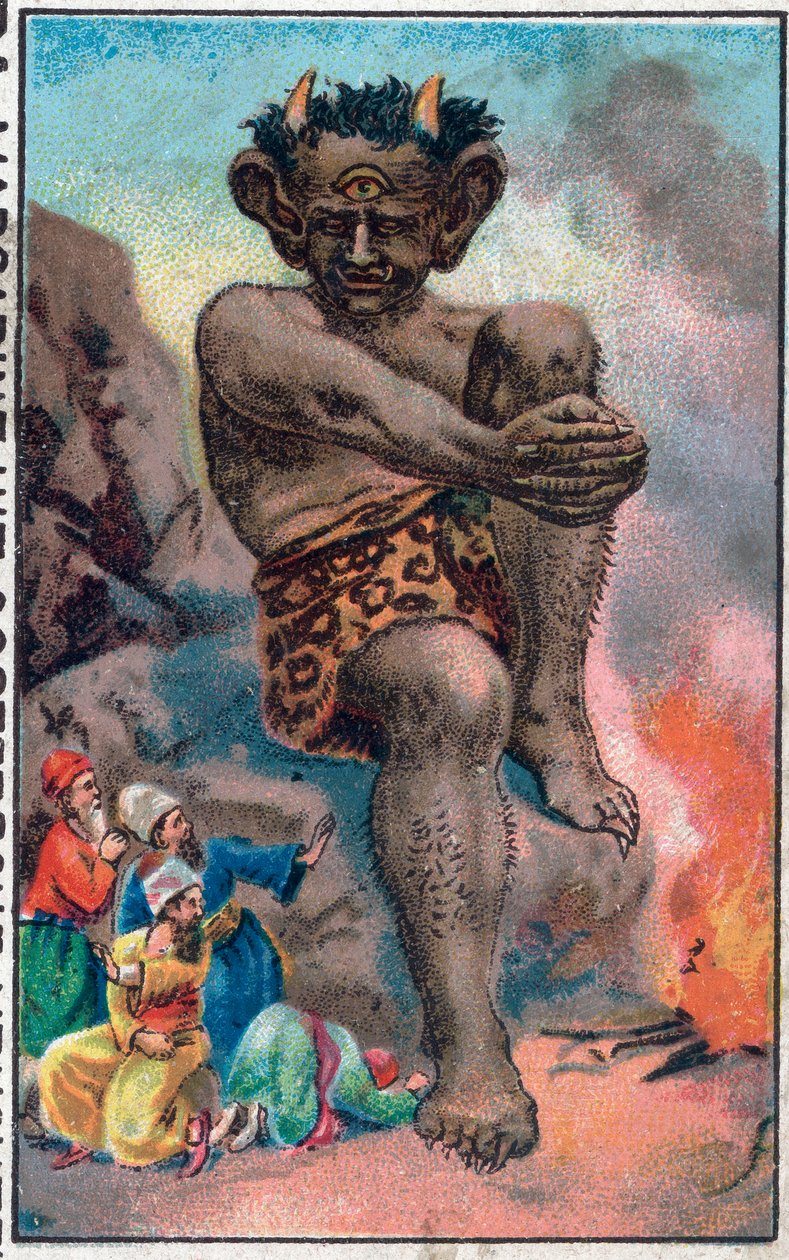 巨人です。船乗りシンドバッド（Sindbad）の素晴らしい冒険。1001夜（千夜一夜）の人気物語。19世紀末のクロモリトグラフ。 作： 無名の画家