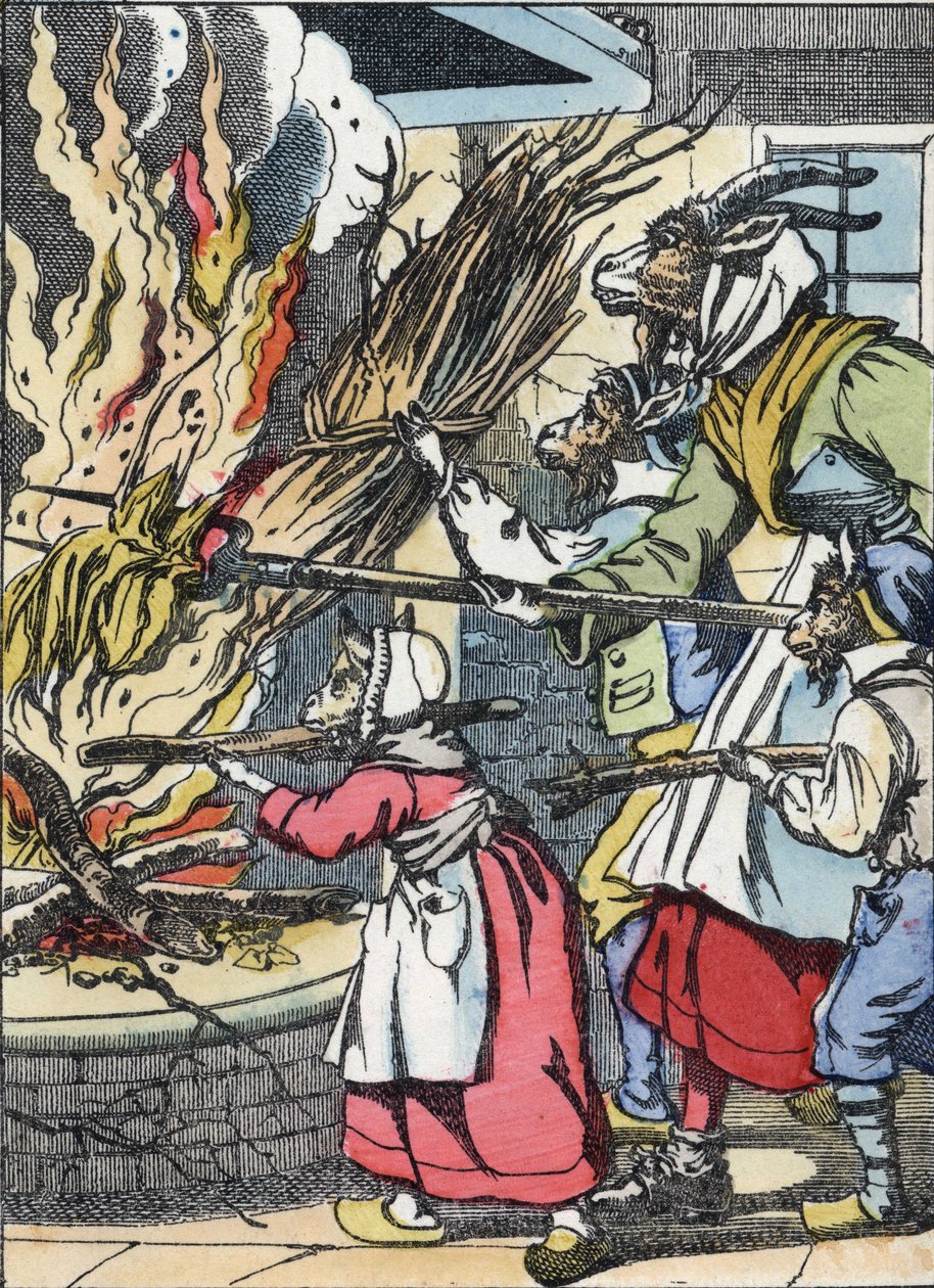 ヤギと装身具が煙突に火をつけました。Jean de la Fontaineの寓話に倣った物語「Compere le Loup, Maitre Renard, Comere la Chevre et ses petits biquets」の挿絵。小さな子供たちのための家庭の物語」にて。Anonymous engraving 作： 無名の画家