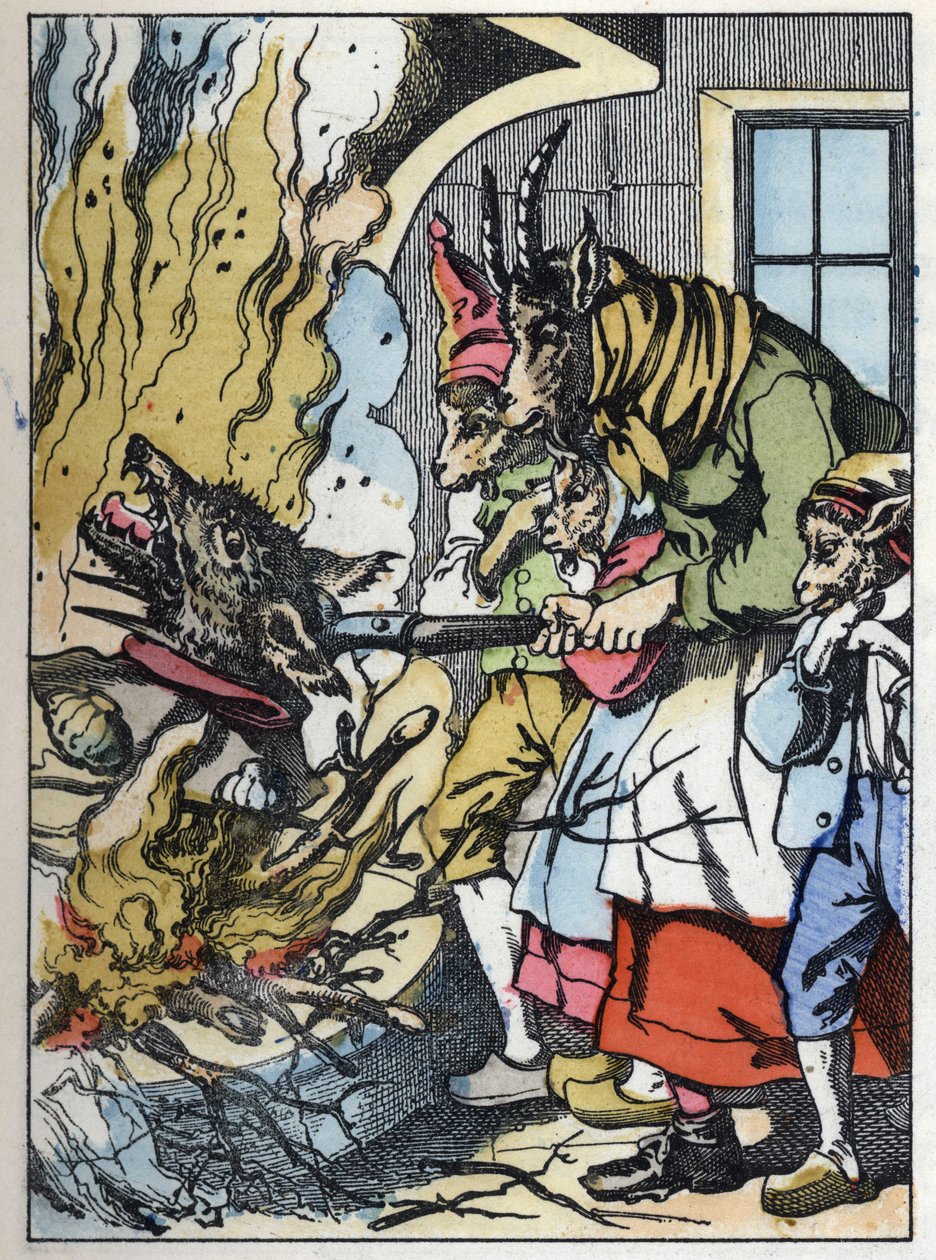 煙突の中でヤギがオオカミを殺します。Jean de la Fontaineの寓話に倣った物語「Compere le Loup, Maitre Renard, Comere la Chevre et ses petits biquets」のイラスト。小さな子供たちのための家庭の物語」の中で。19t年の匿名のエングレーヴィング 作： 無名の画家