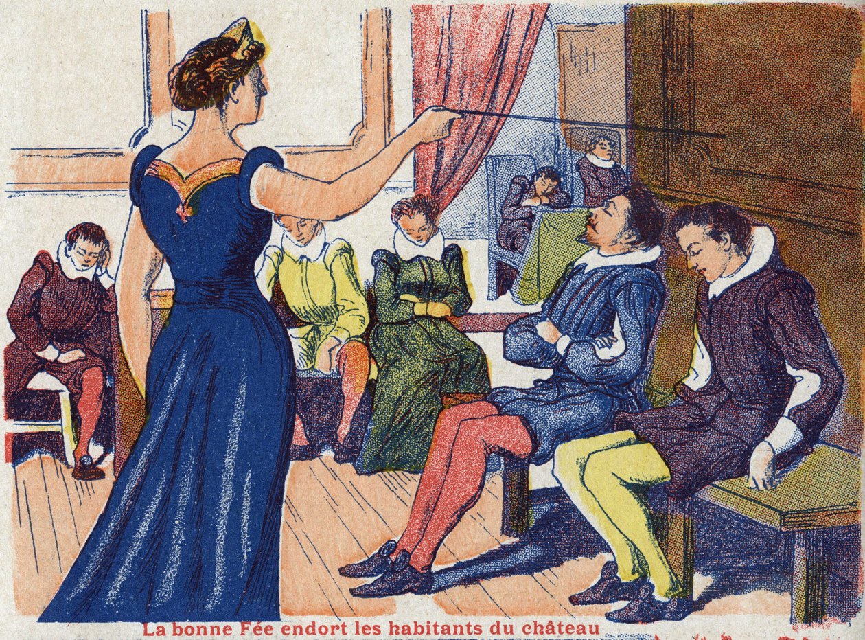 良い料金で城の住人が眠る。フランスの作家、シャルル・ペロー（1628-1703）の物語「眠っている森の美女」の匿名の挿絵。イメージ：Marcel Vagne, Jarville Nancy, undated (19世紀後半). 作： 無名の画家