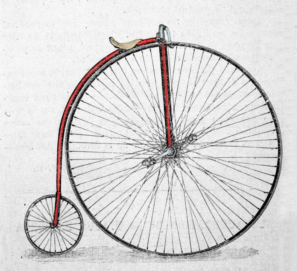 1865年から1870年にかけて発明されたグランドバイ（grand bi）と呼ばれる自転車。 作： 無名の画家