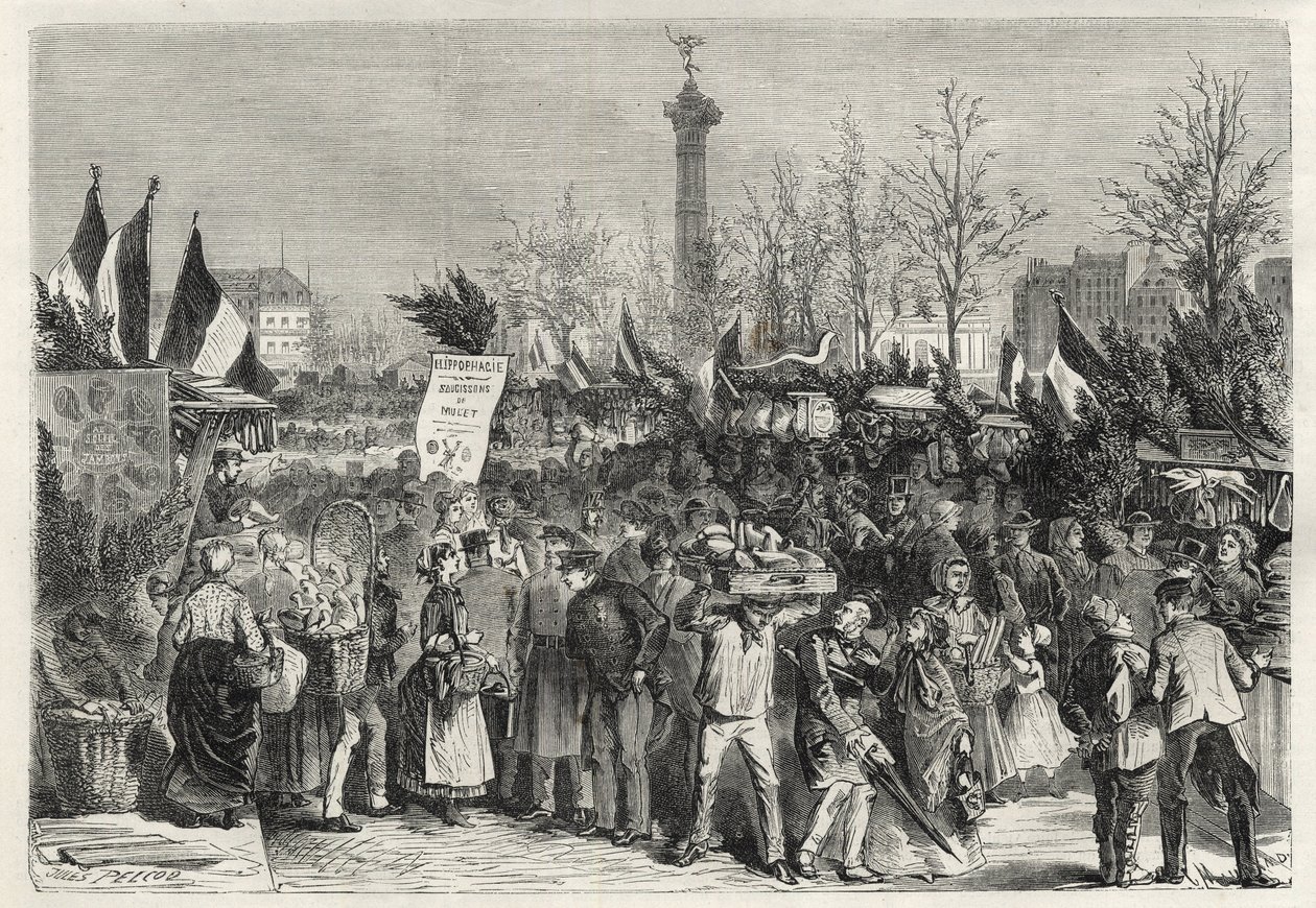 パリのブルドン大通り（バスティーユ広場）で開催されたハムフェア - 1868 - 。 作： 無名の画家
