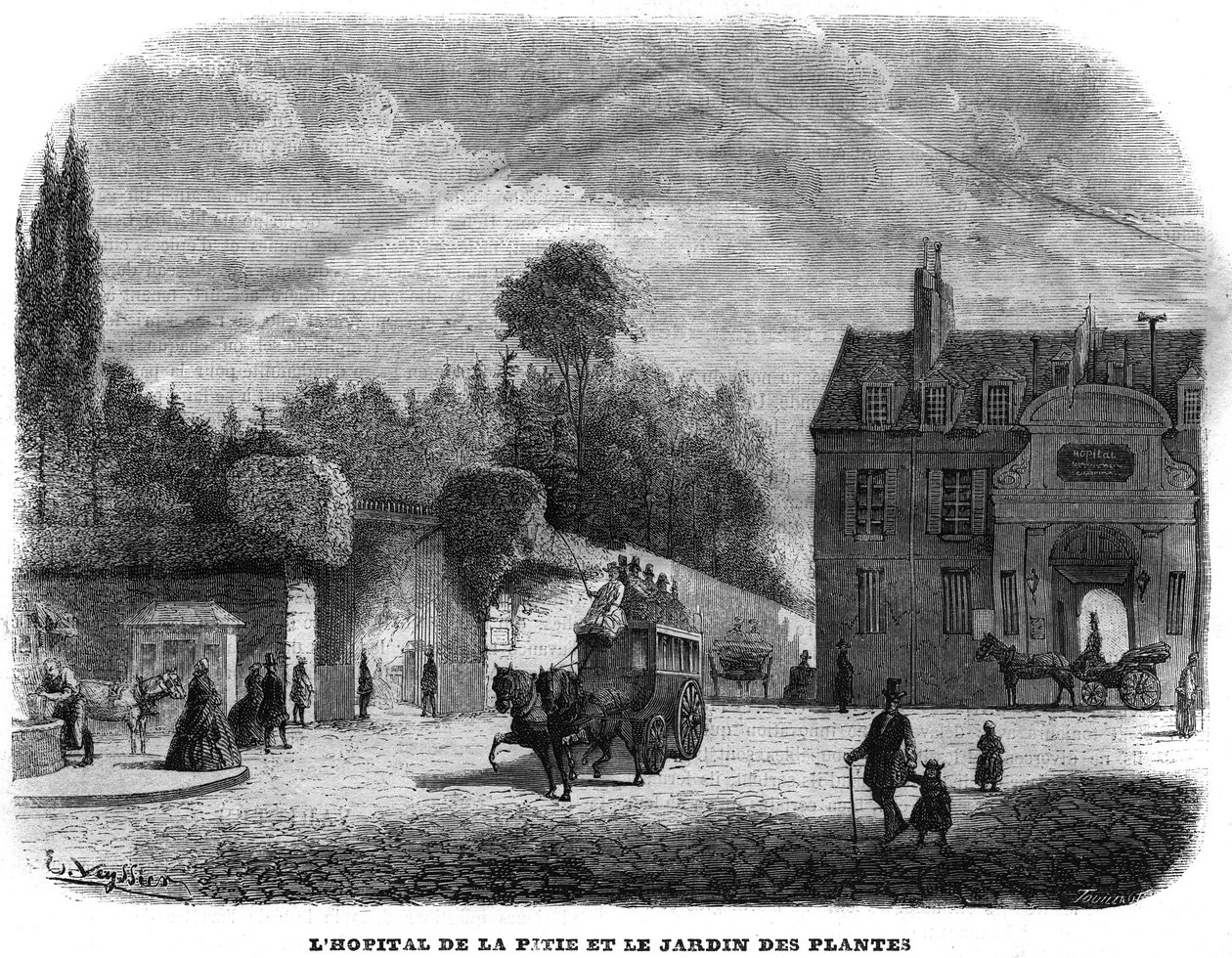 1858年、パリのピティ・サルペトリエール（PITIE-SALPETRIERE）の病院と植物の庭。 作： 無名の画家