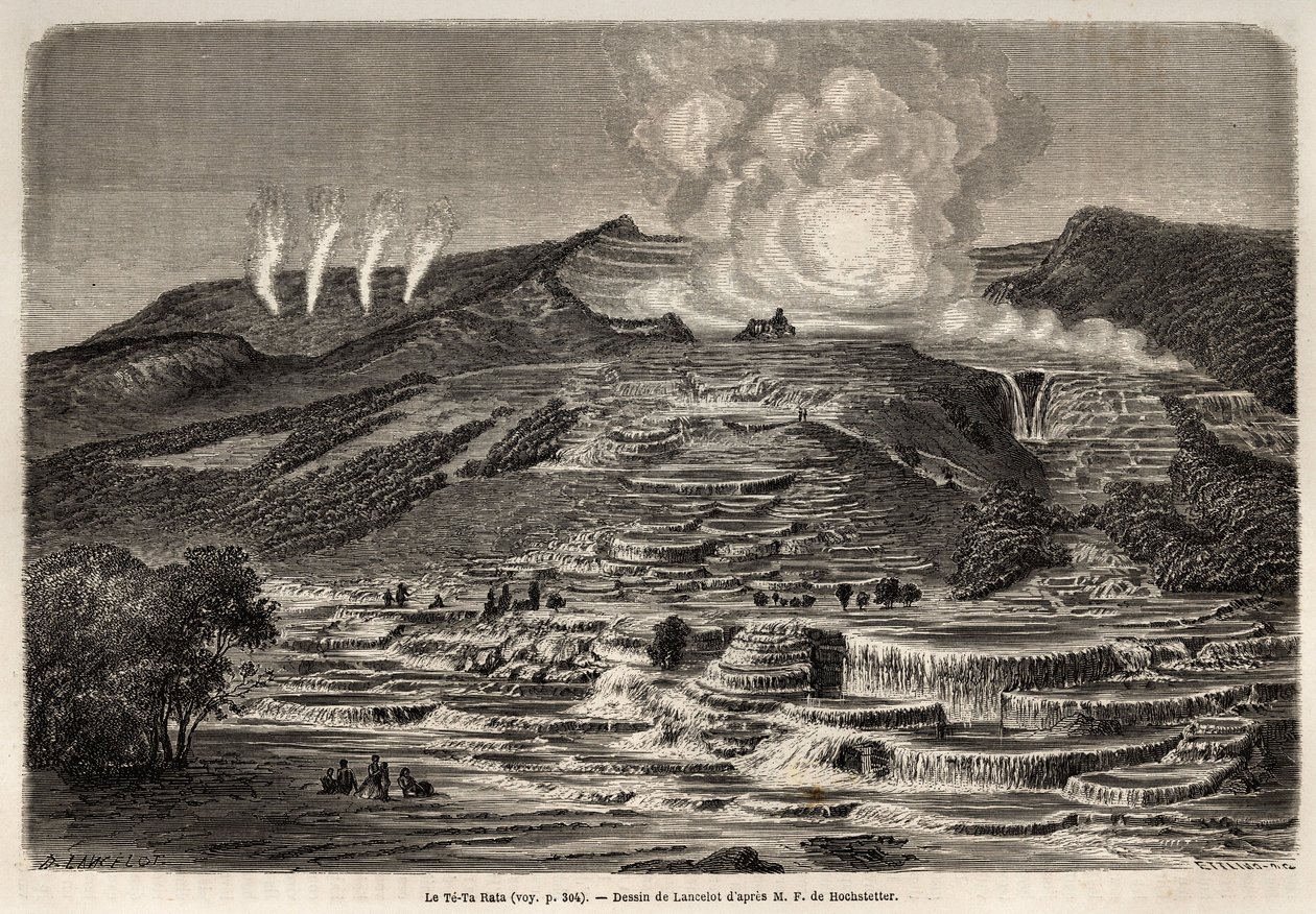 Die heiße Quelle von Te Tarata, umgeben von übereinander liegenden Terrassen aus weißem Silizium, links vier Geysire und rechts See und Wasserfall von Unknown artist