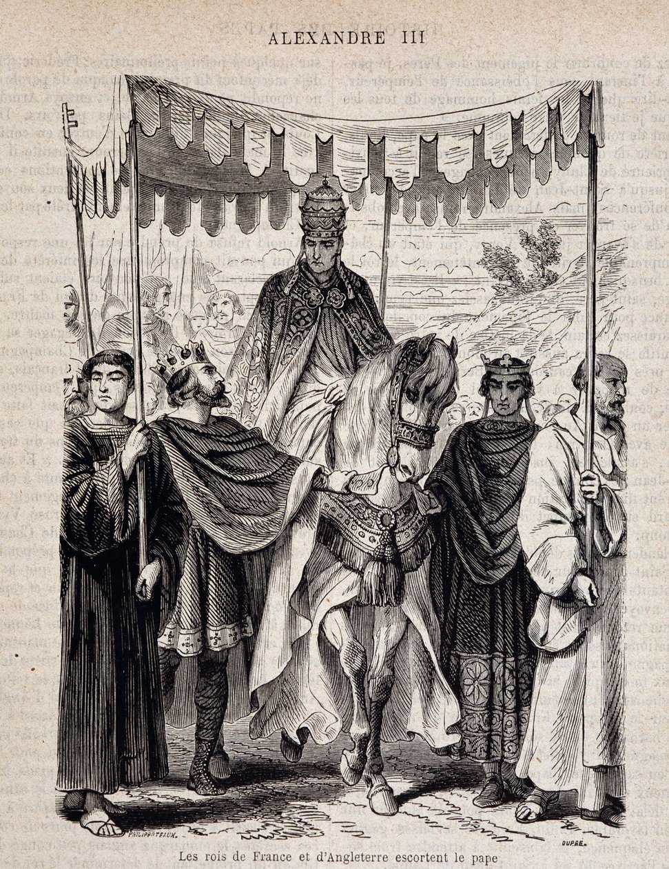フランス王ルイ7世（1120 - 1180）とイングランド王エスコート教皇アレクサンダー3世 - "Histoire des popes", n.d. 作： 無名の画家
