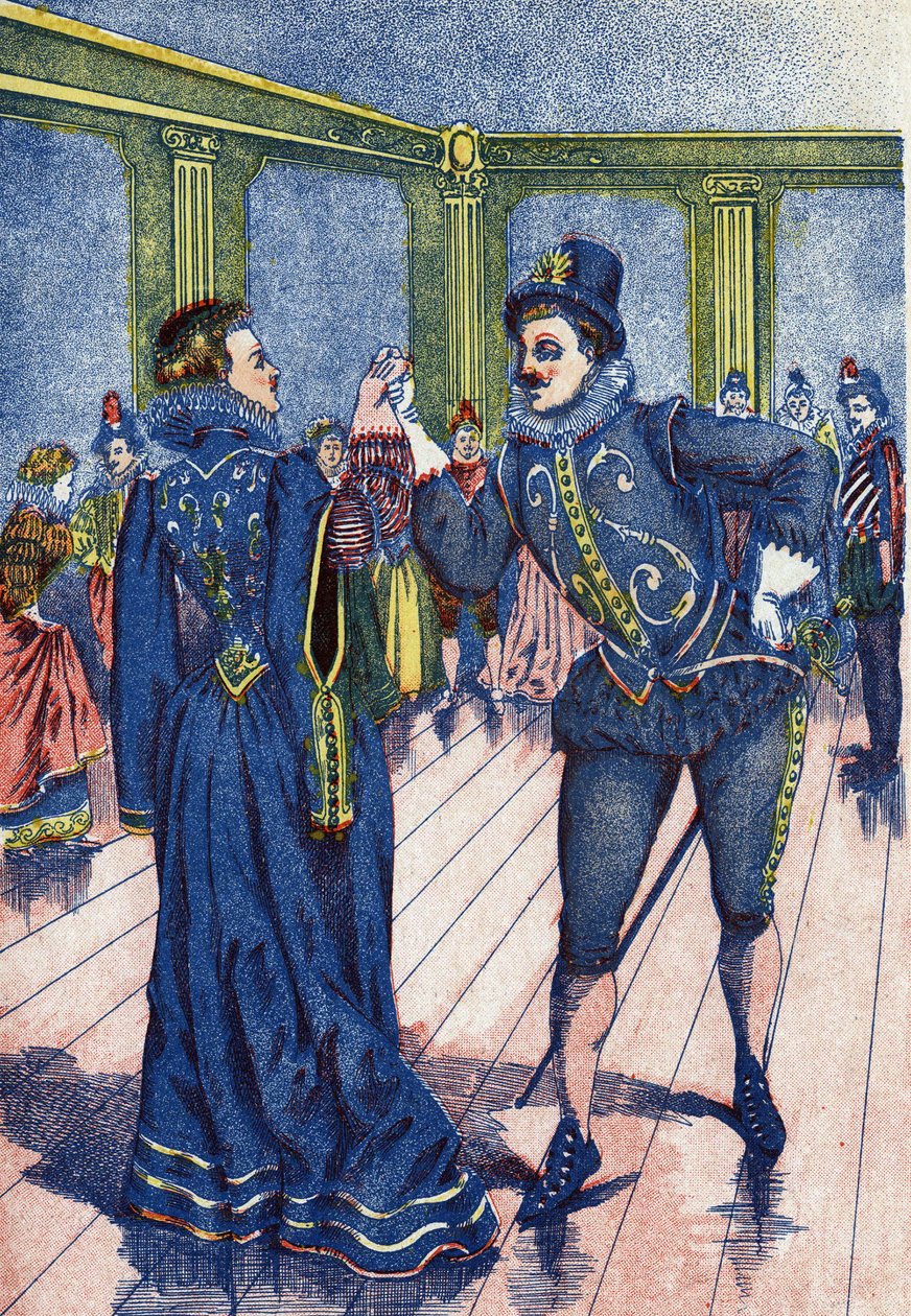 王様の息子がシンデレラを踊らせる。フランスの作家、シャルル・ペロー（1628-1703）の物語「シンデレラ」の挿絵。イメージ：Marcel Vagne, Jarville Nancy, undated (19世紀後半). 作： 無名の画家