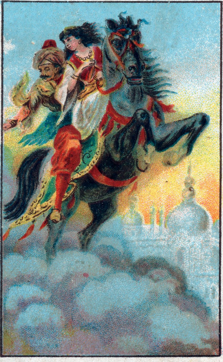 漏れはLes mille et une nuits」（レ・1001・ニュイ ou Le mille e una notte、アラビアン・ナイト）の中の物語「Histoire du cheval enchante」。19世紀後半のクロモリトグラフ。 作： 無名の画家