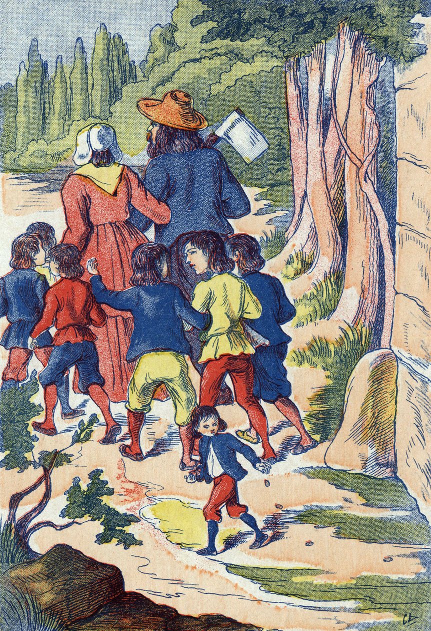 小さなプセットは、自分の道に石をまく。フランスの作家、シャルル・ペロー（1628-1703）の物語「Le Pepetit poucet」の挿絵。匿名のイラスト。イメージ：Marcel Vagne, Jarville Nancy, undated (19世紀後半). 作： 無名の画家